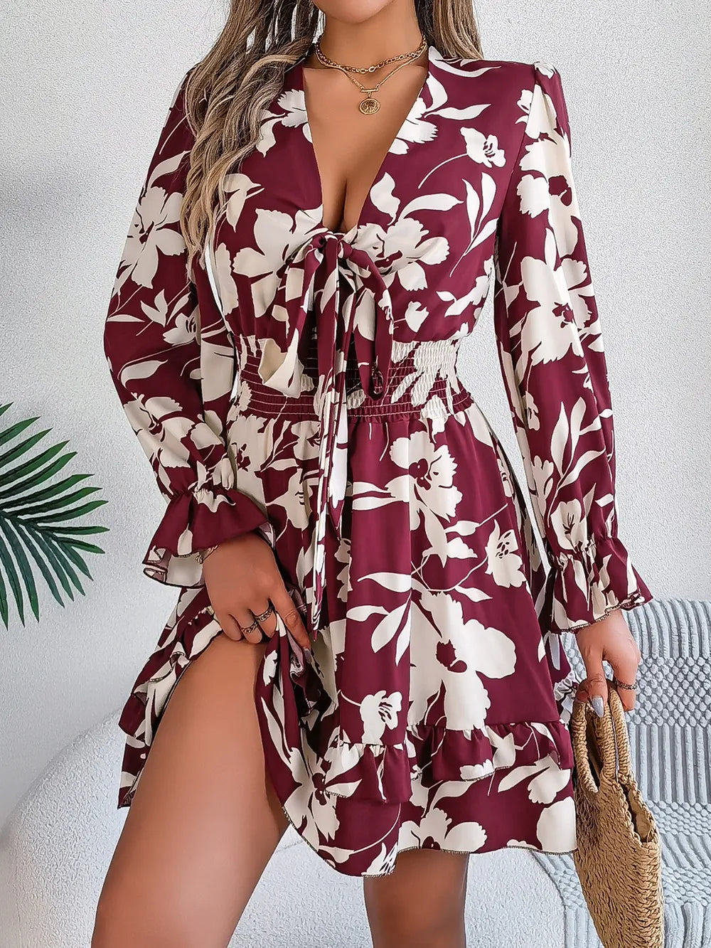 Tied Ruffled Printed Long Sleeve Dress - Velora Luxury Fashion