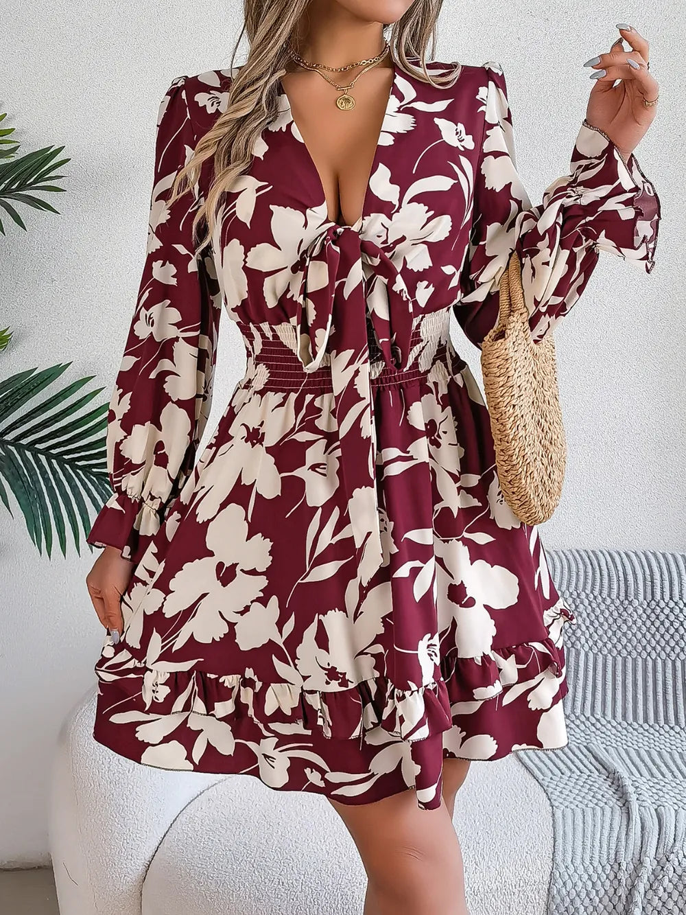 Tied Ruffled Printed Long Sleeve Dress - Velora Luxury Fashion