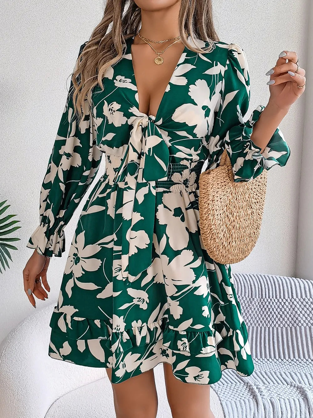 Tied Ruffled Printed Long Sleeve Dress - Velora Luxury Fashion