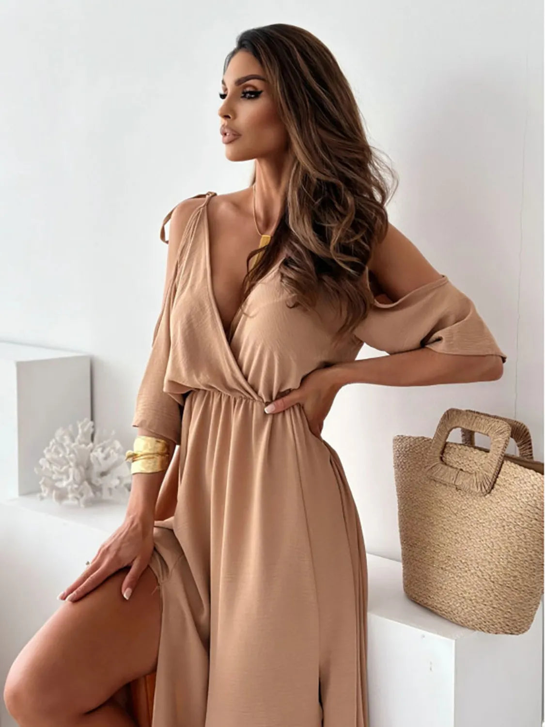 Tied Shoulder Slit Maxi Dress - Velora Luxury Fashion