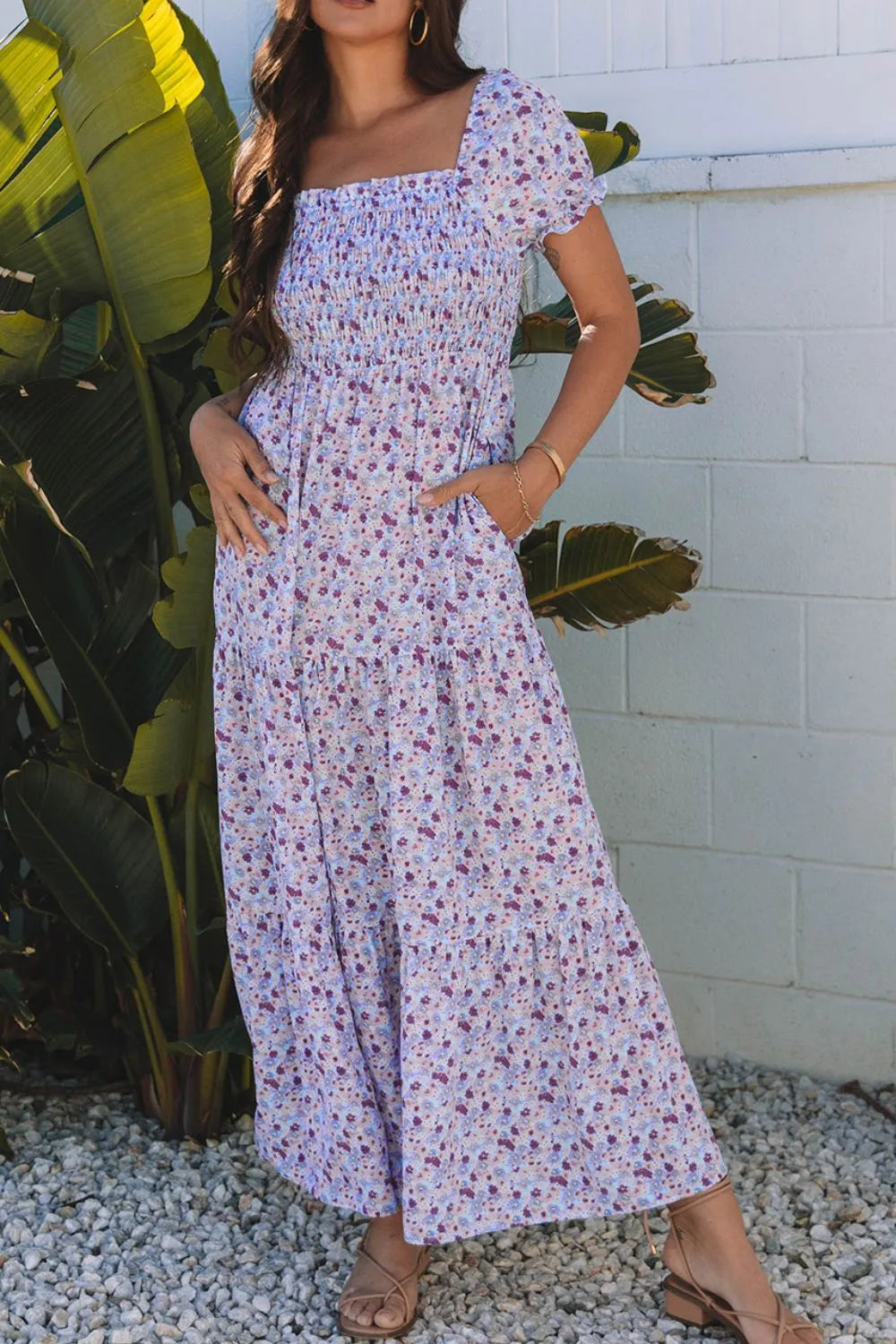 Tiered Floral Shirred High Waist Maxi Dress - Velora Luxury Fashion