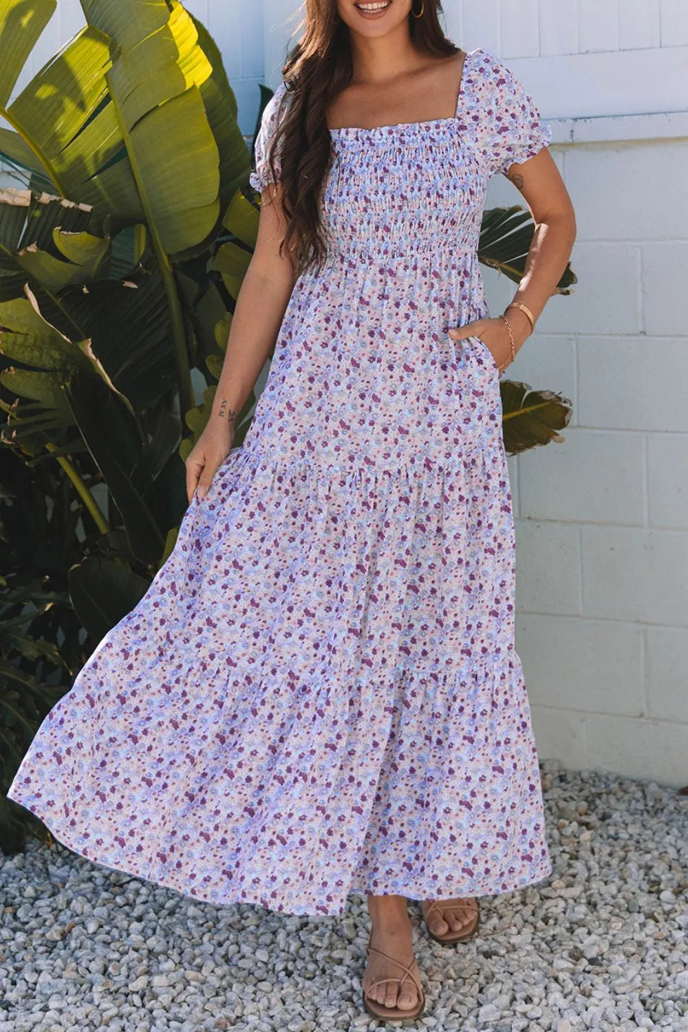 Tiered Floral Shirred High Waist Maxi Dress - Velora Luxury Fashion