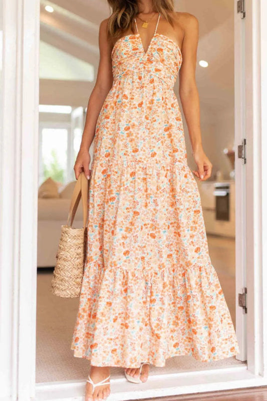 Tiered Halter Neck Printed Cami Dress - Velora Luxury Fashion
