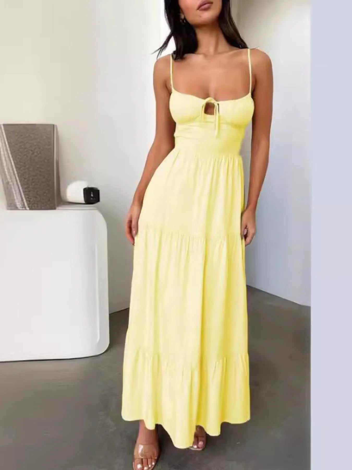 Tiered Lace Up Spaghetti Straps Maxi Dress - Velora Luxury Fashion