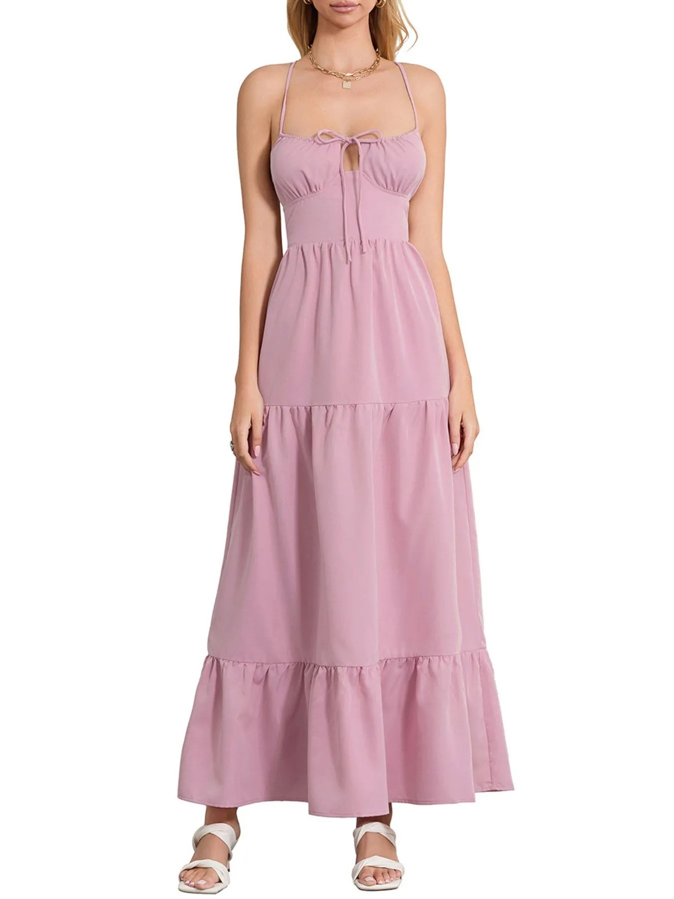 Tiered Lace Up Spaghetti Straps Maxi Dress - Velora Luxury Fashion
