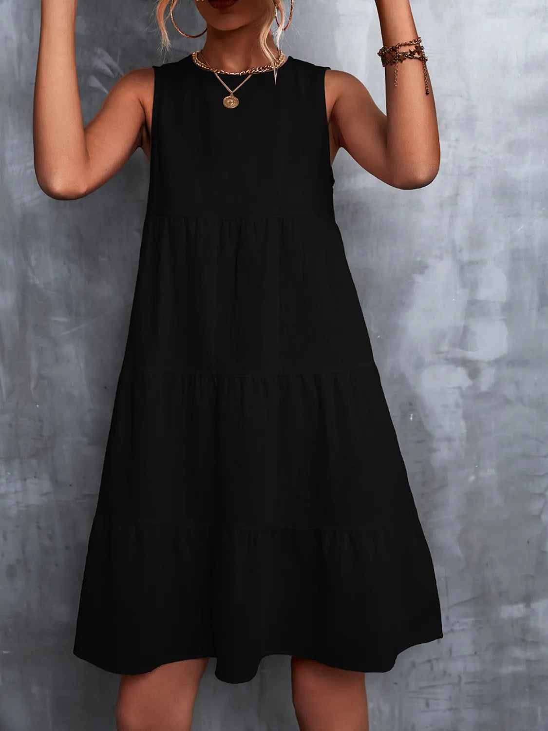 Tiered Round Neck Sleeveless Mini Tank Dress - Velora Luxury Fashion