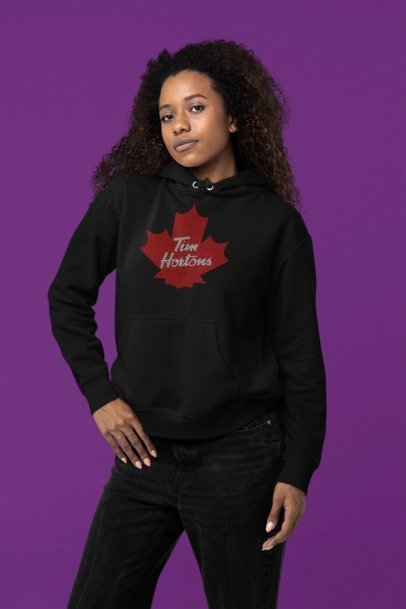 Canadian Coffee Lover (Tim's) Rhinestone Apparel – Maple Leaf Sparkle Hoodie, T-Shirt & Crewneck | Premium Rhinestone by Blingdazzel