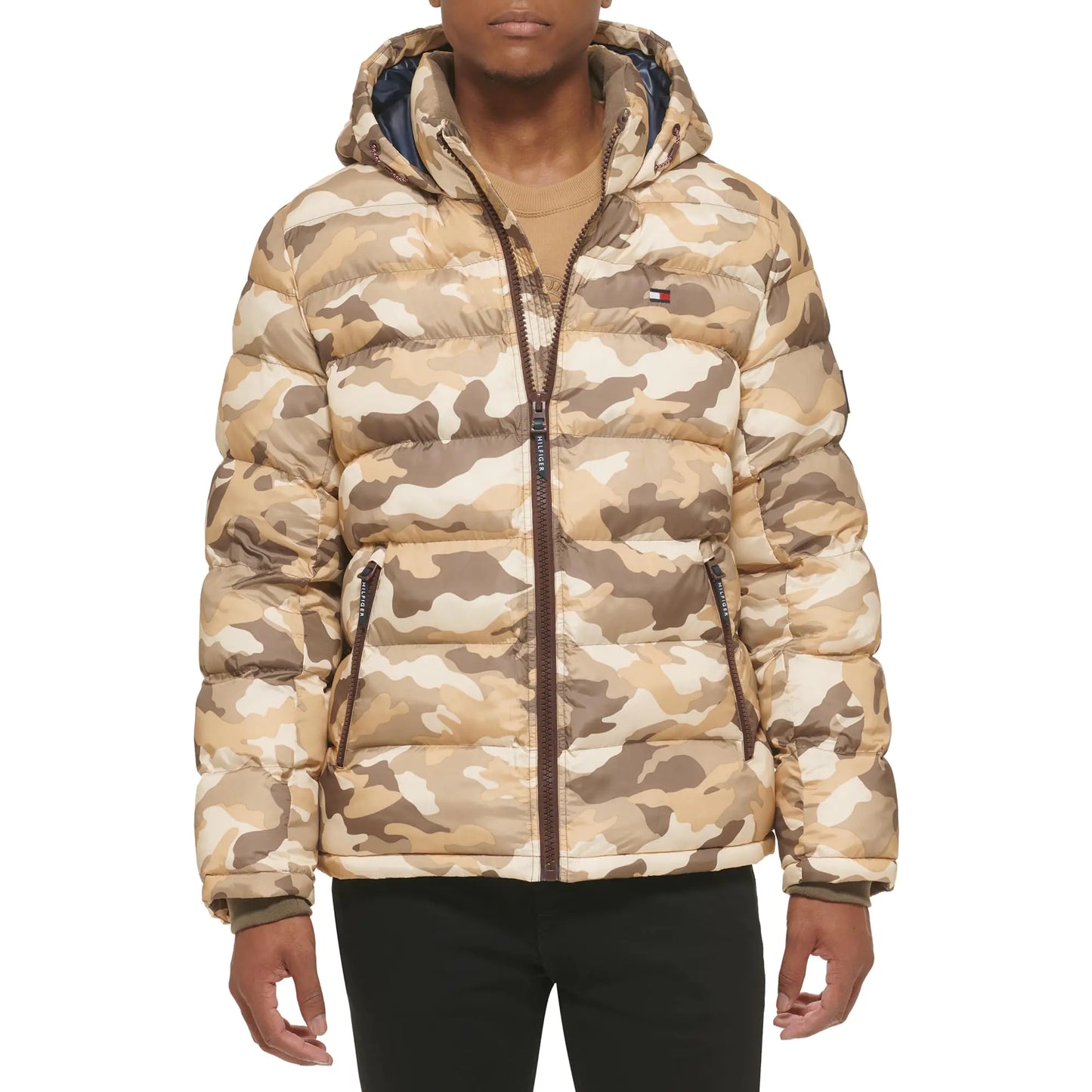Tommy Hilfiger Mens Hooded Puffer Jacket Khaki Camo XX-Large - Velora Luxury Fashion