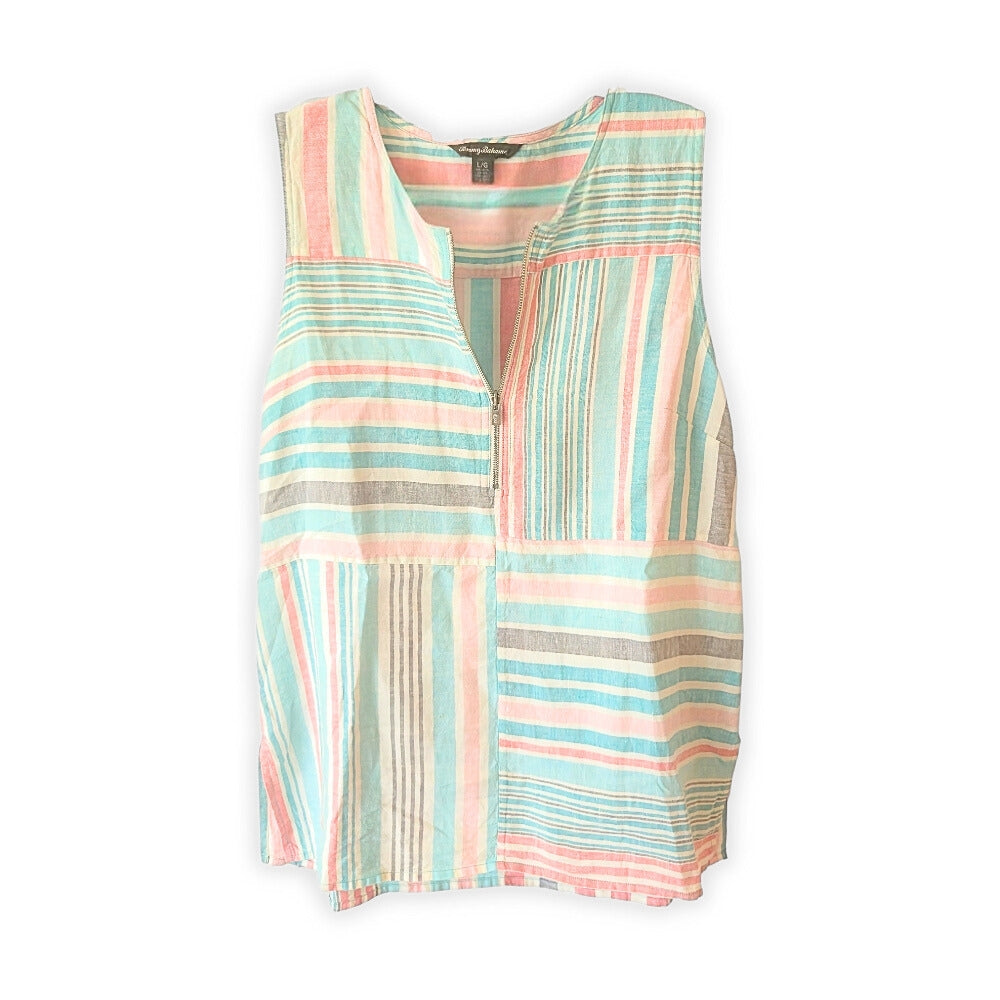 Women's [L] Kohala Stripe 1/4 Zip Linen Sleeveless Blouse | Tommy Bahama Sassy's Garage