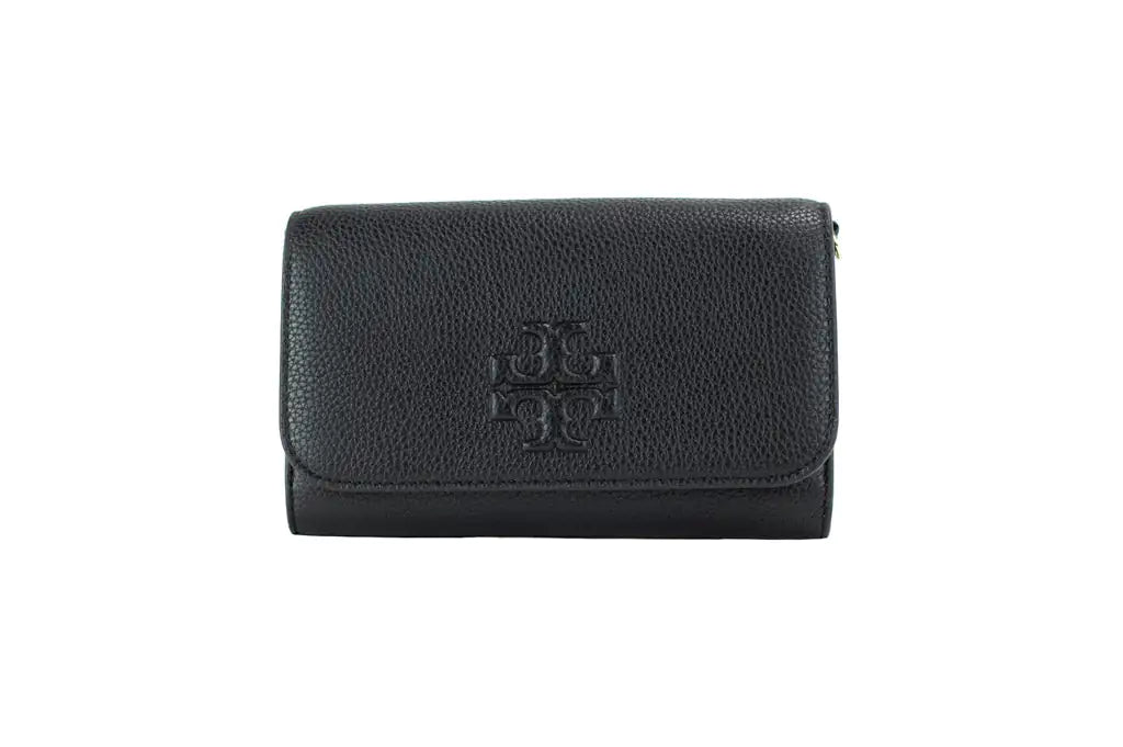 Tory Burch (75029) Thea Small Black Pebble Leather Flat Wallet Crossbody Handbag - Velora Luxury Fashion