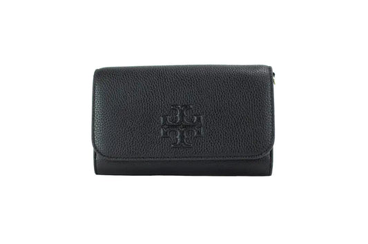 Tory Burch (75029) Thea Small Black Pebble Leather Flat Wallet Crossbody Handbag - Velora Luxury Fashion