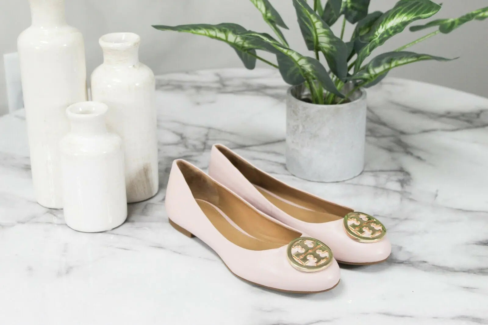 Tory Burch Benton 2 Sea Shell Pink Leather Ballet Flats - Velora Luxury Fashion
