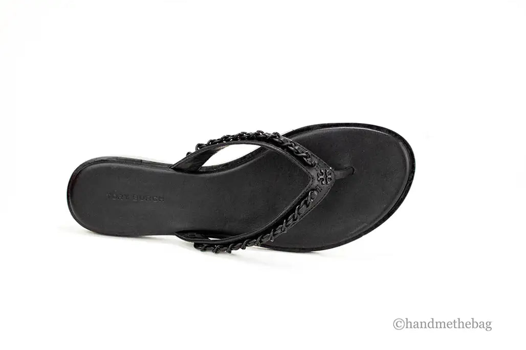 Tory Burch Everly Black Leather Chain Flip Flop Sandals - Velora Luxury Fashion