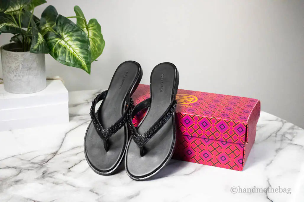 Tory Burch Everly Black Leather Chain Flip Flop Sandals - Velora Luxury Fashion