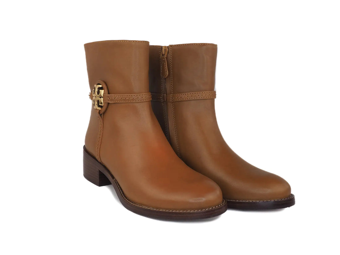 Tory Burch Miller Dark Tiramisu Leather 45MM Heel Booties - Velora Luxury Fashion