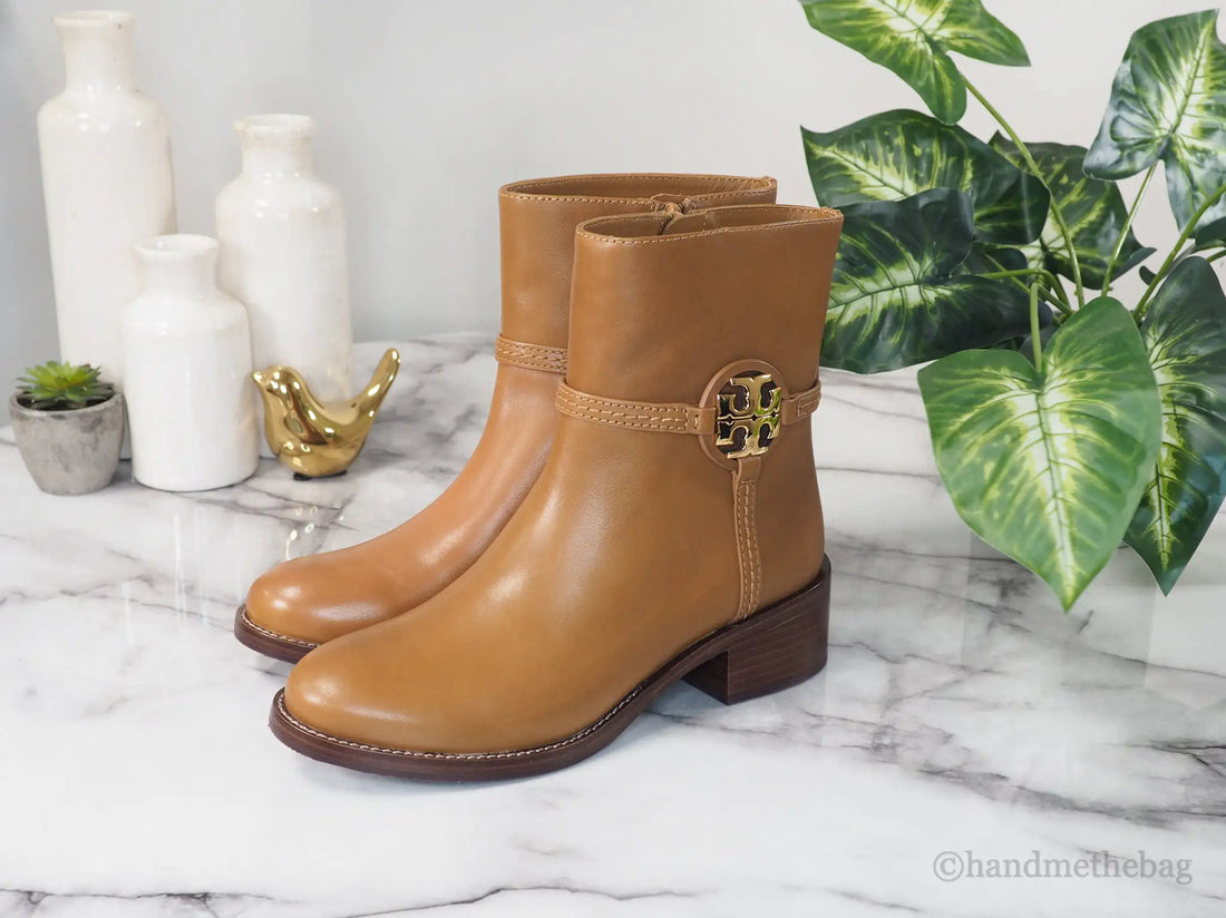 Tory Burch Miller Dark Tiramisu Leather 45MM Heel Booties - Velora Luxury Fashion