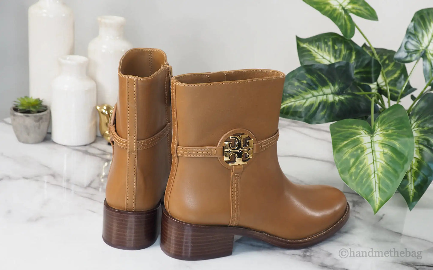 Tory Burch Miller Dark Tiramisu Leather 45MM Heel Booties - Velora Luxury Fashion