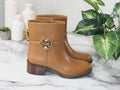 Tory Burch Miller Dark Tiramisu Leather 45MM Heel Booties - Velora Luxury Fashion