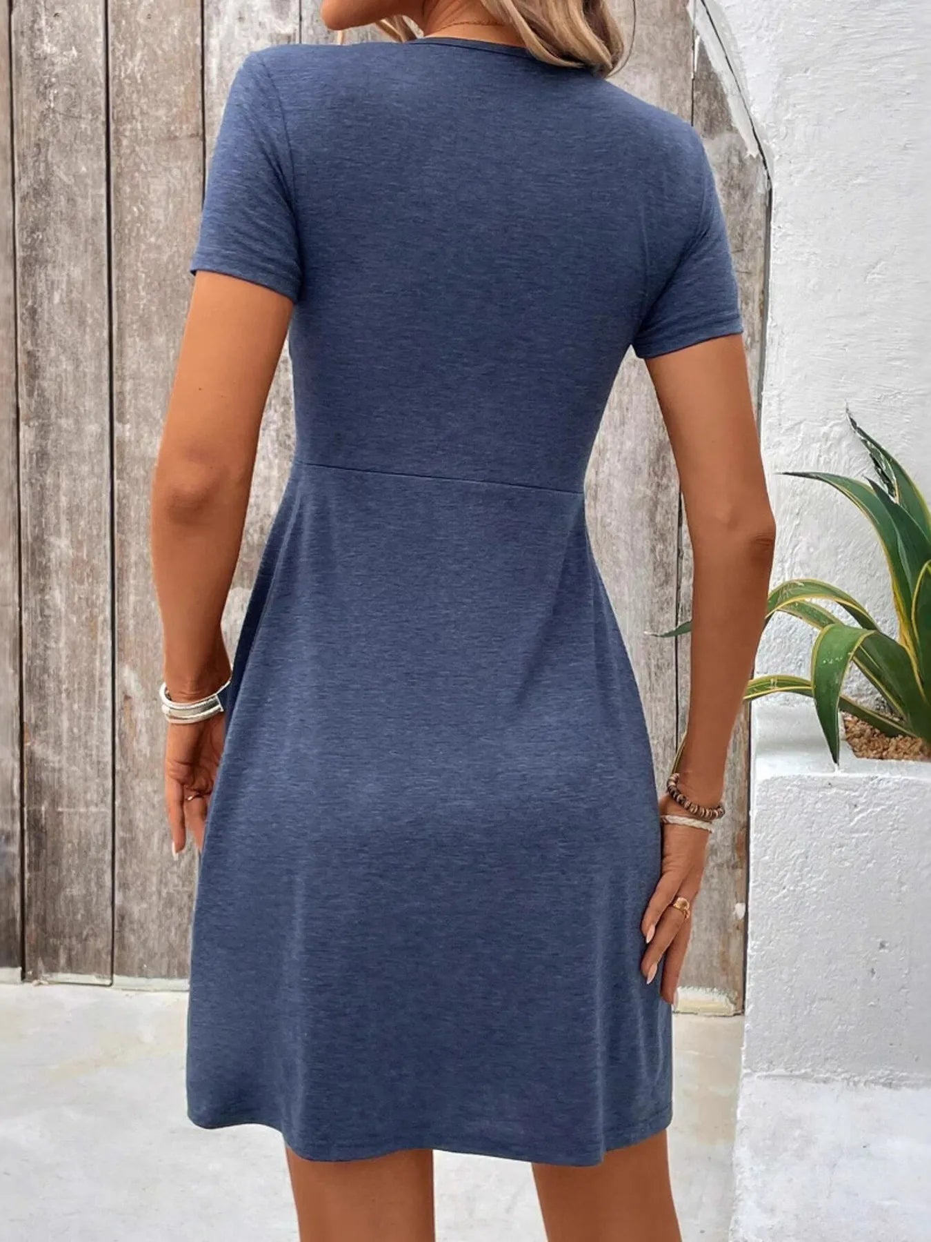 Twist Front V-Neck Short Sleeve Casual Dress - Velora Luxury Fashion