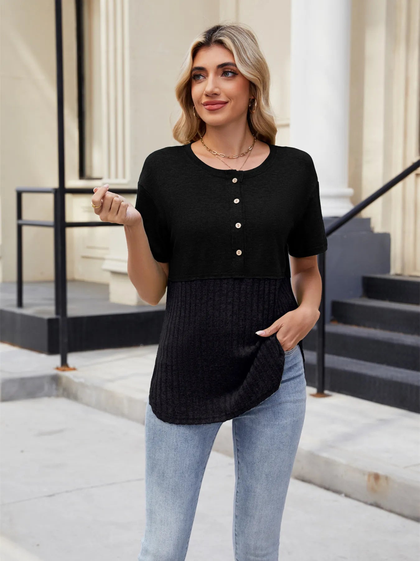 Two-Tone Short Sleeve Top - Velora Luxury Fashion