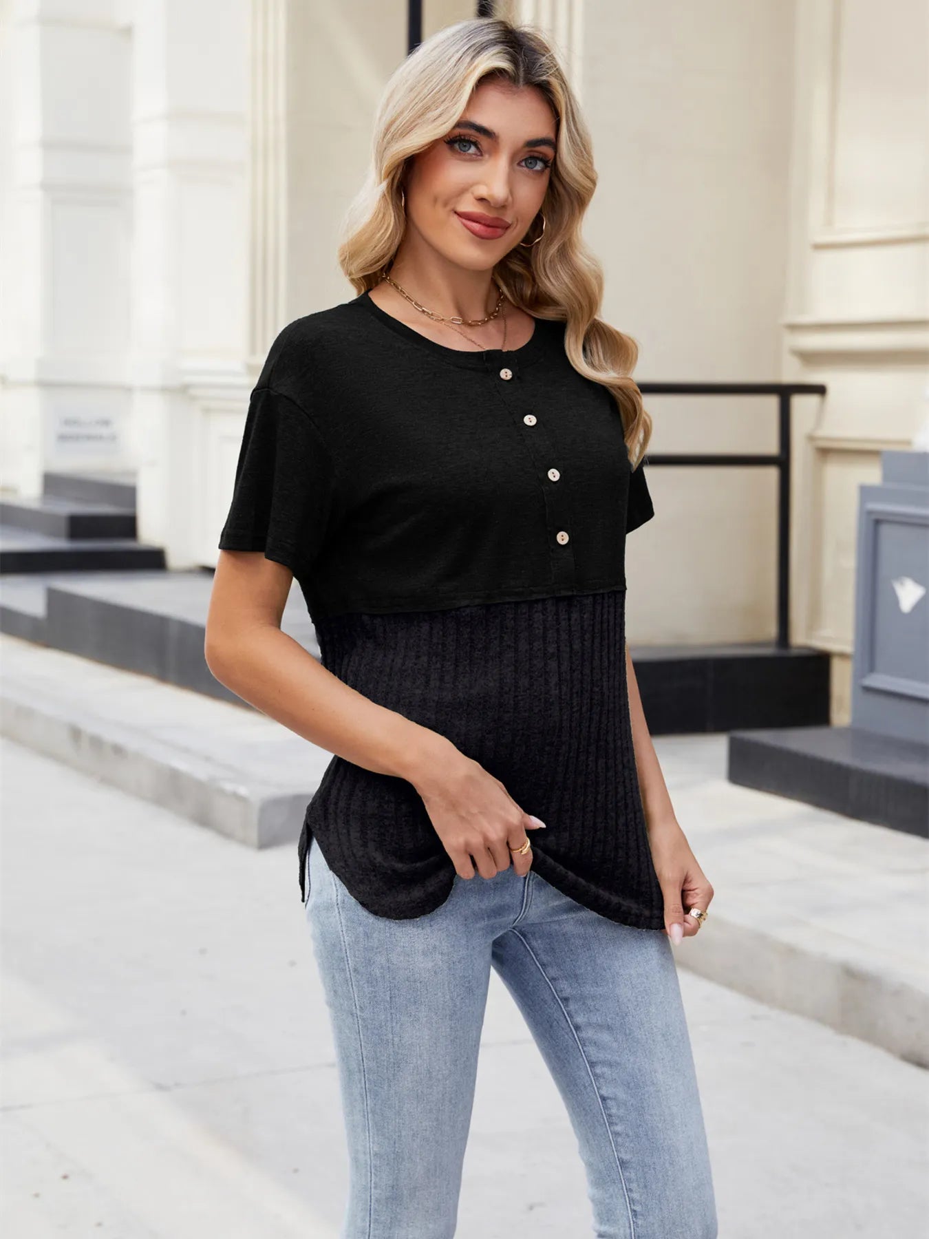 Two-Tone Short Sleeve Top - Velora Luxury Fashion