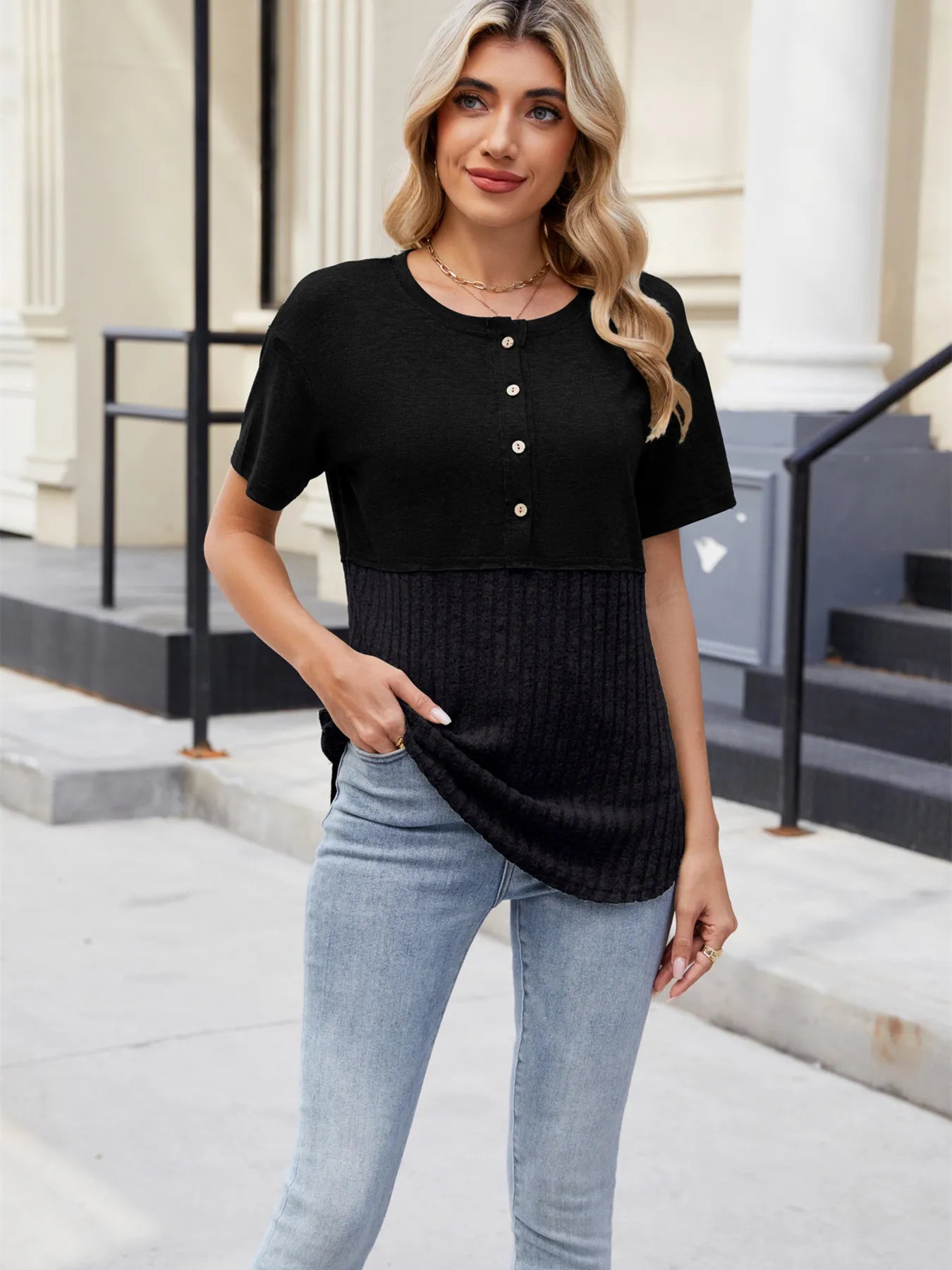 Two-Tone Short Sleeve Top - Velora Luxury Fashion