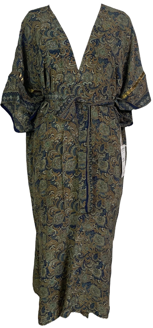 PRC6833 Avatar Long Pure Silk Kimono Sleeved Duster with Belt - Velora