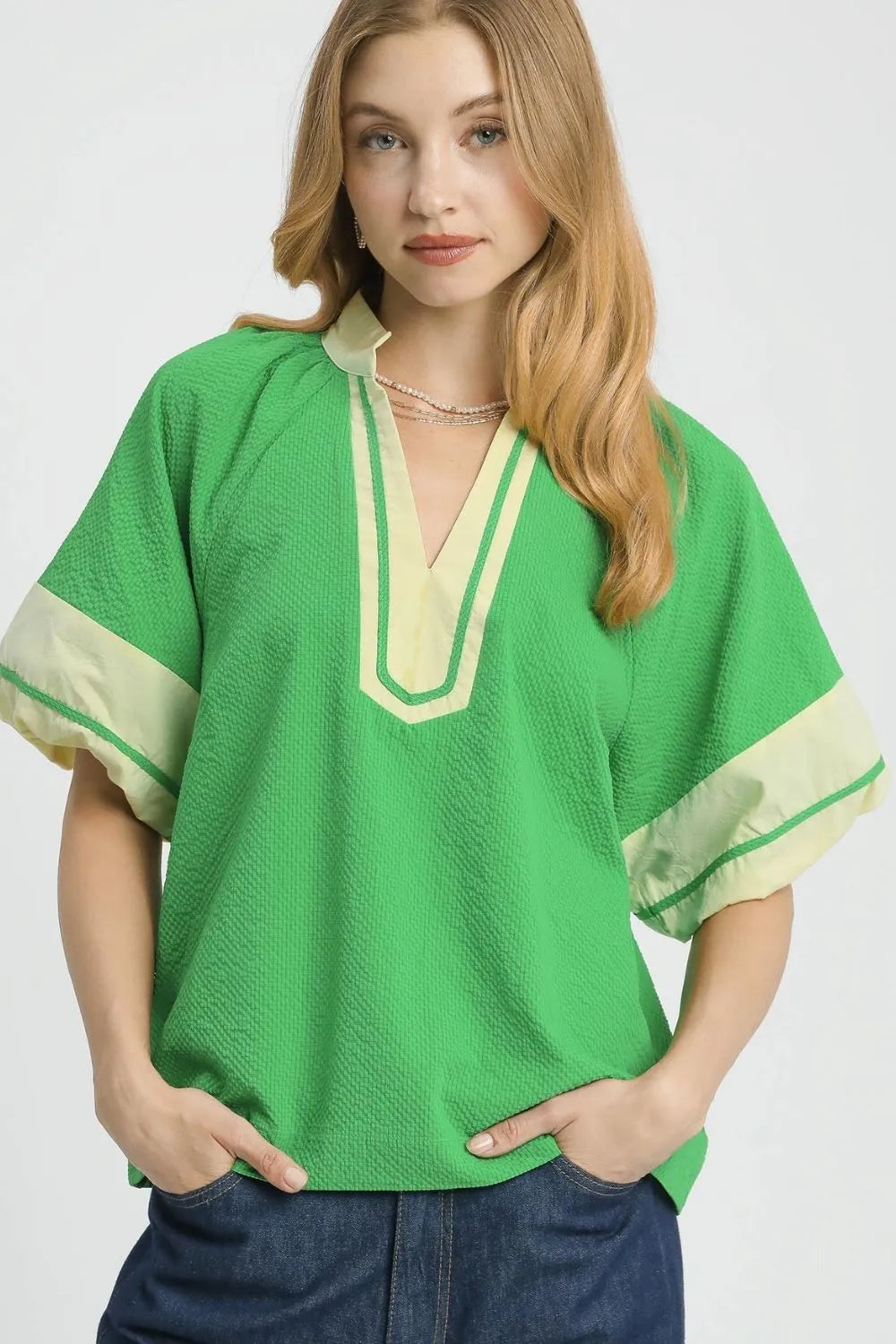 Umgee Contrast Trim Notched Puff Sleeve Blouse - Velora Luxury Fashion
