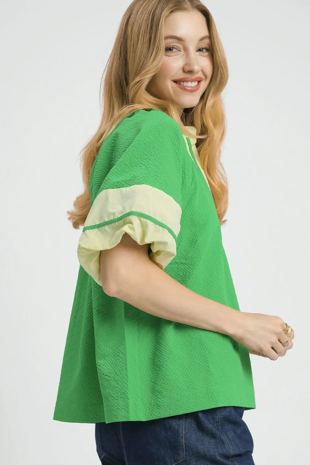 Umgee Contrast Trim Notched Puff Sleeve Blouse - Velora Luxury Fashion