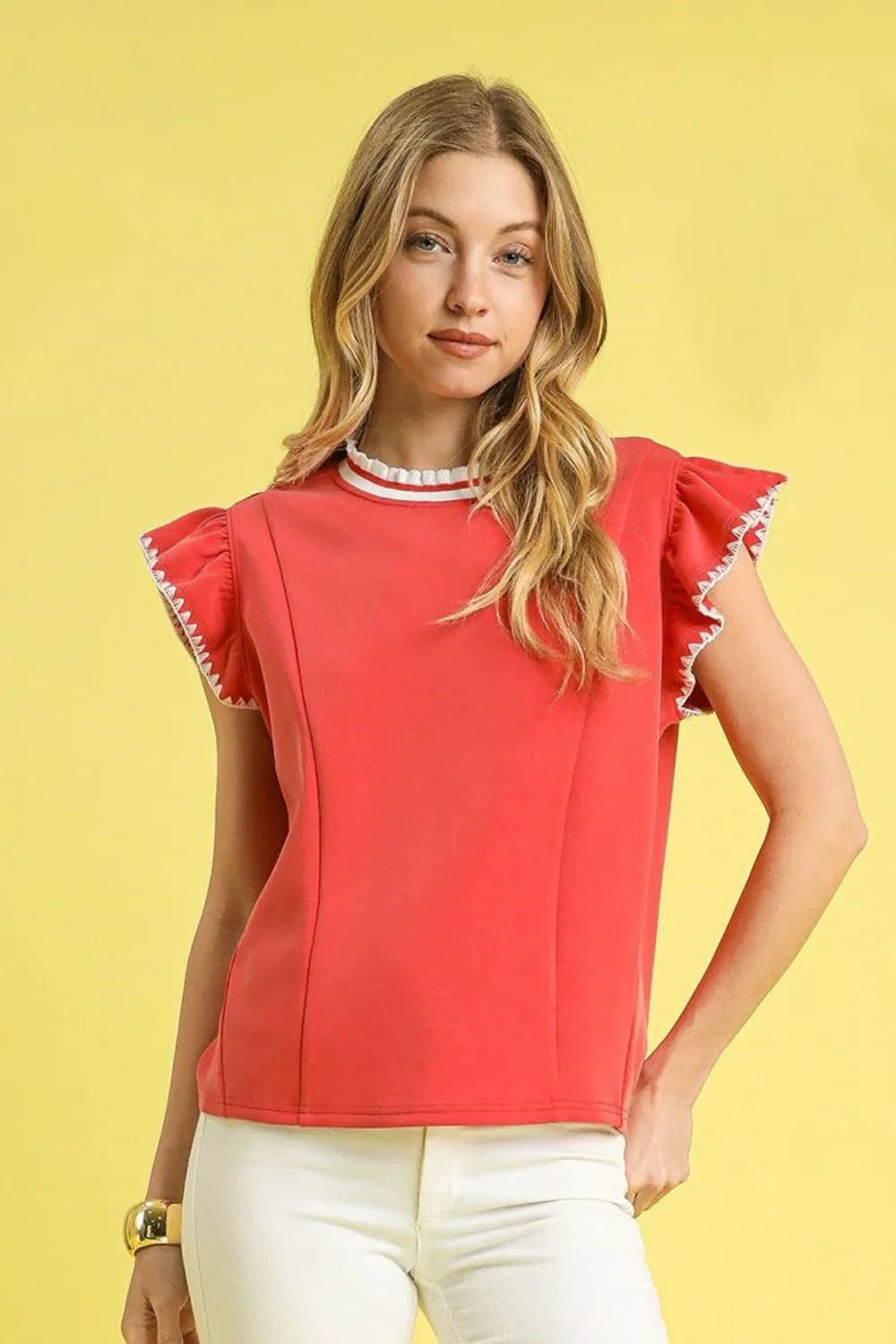 Umgee Contrast Trim Ruffle Cap Sleeve Blouse - Velora Luxury Fashion