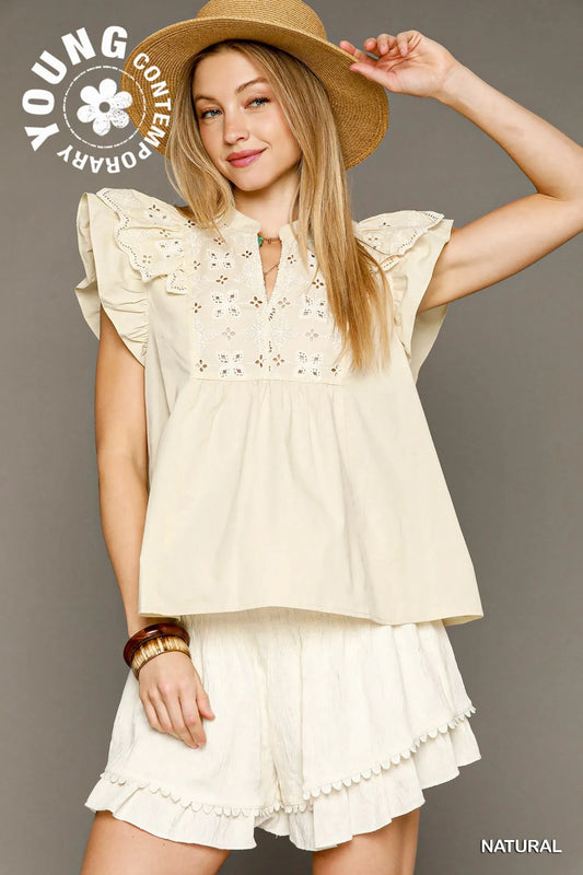 Umgee Eyelet Embroidered Ruffle Sleeve Blouse - Velora Luxury Fashion