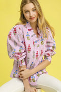 Umgee Floral Print Lantern Sleeve Button Down Shirt - Velora Luxury Fashion
