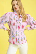 Umgee Floral Print Lantern Sleeve Button Down Shirt - Velora Luxury Fashion