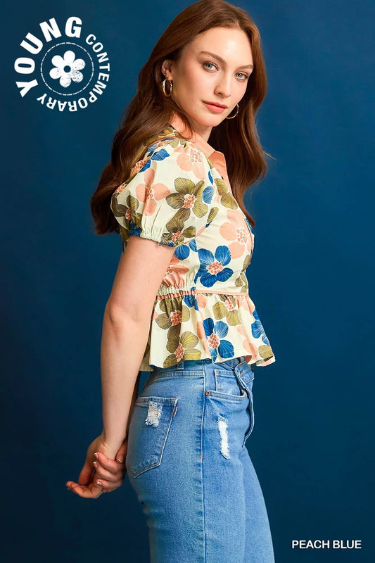 Umgee Floral Print Puff Sleeve Cropped Blouse - Velora Luxury Fashion