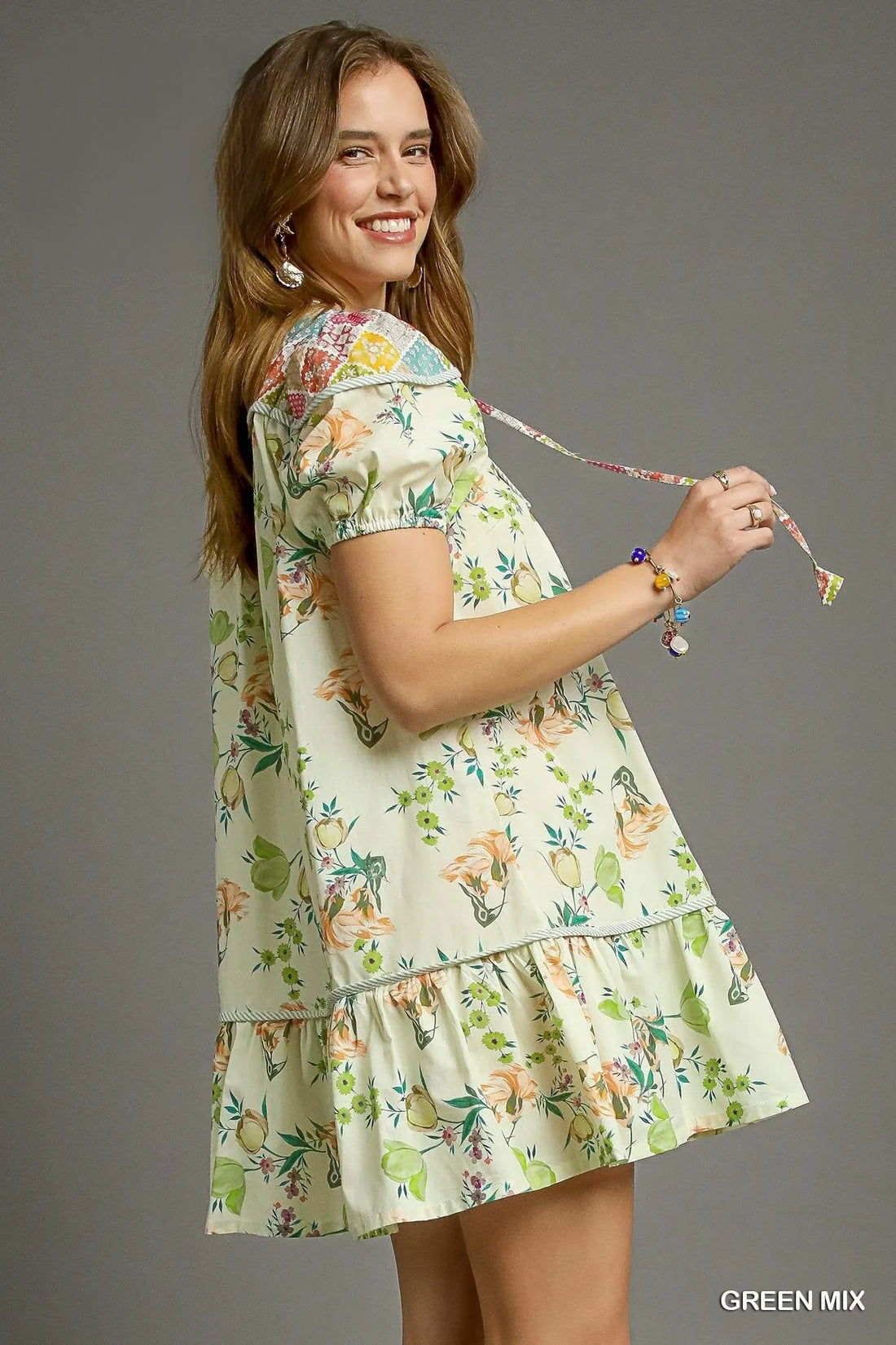 Umgee Floral Print Tie Neck Puff Sleeve Dress - Velora Luxury Fashion