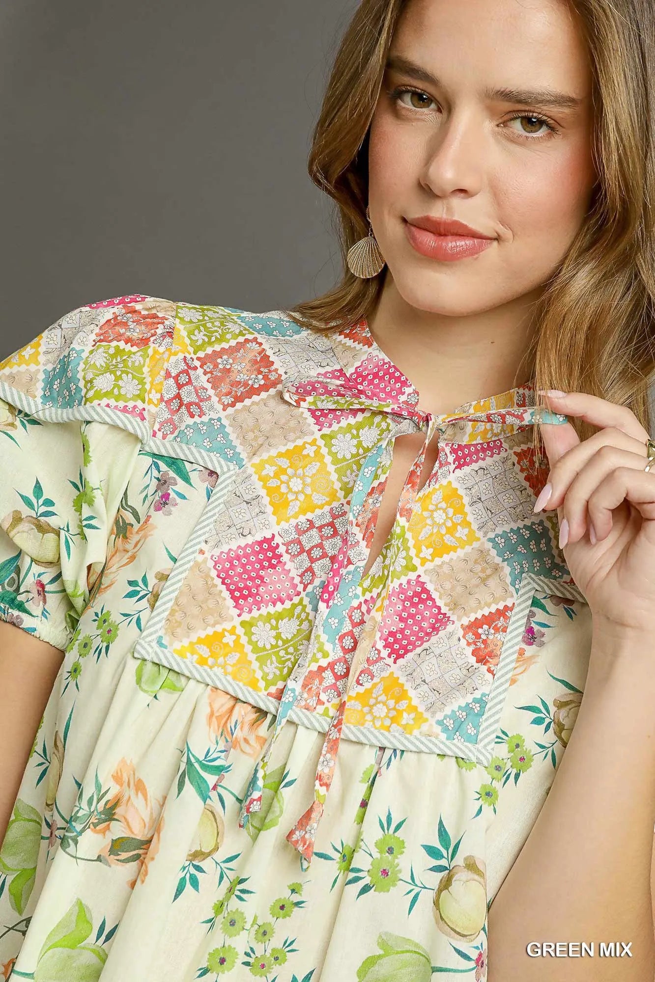 Umgee Floral Print Tie Neck Puff Sleeve Dress - Velora Luxury Fashion