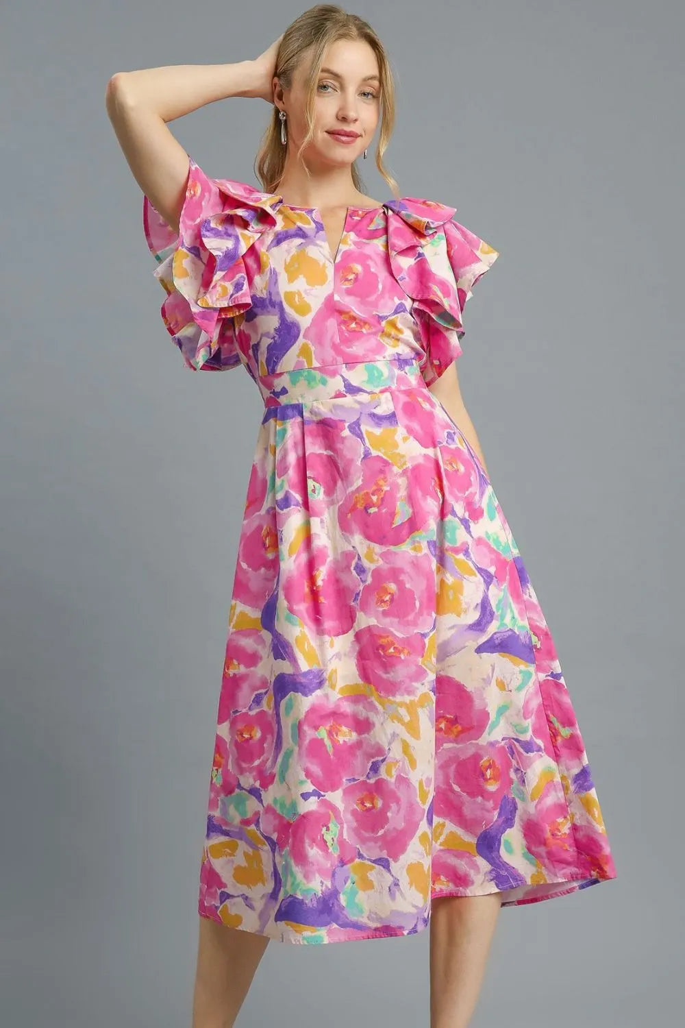 Umgee Floral Ruffled Cap Sleeve Midi Dress - Velora Luxury Fashion