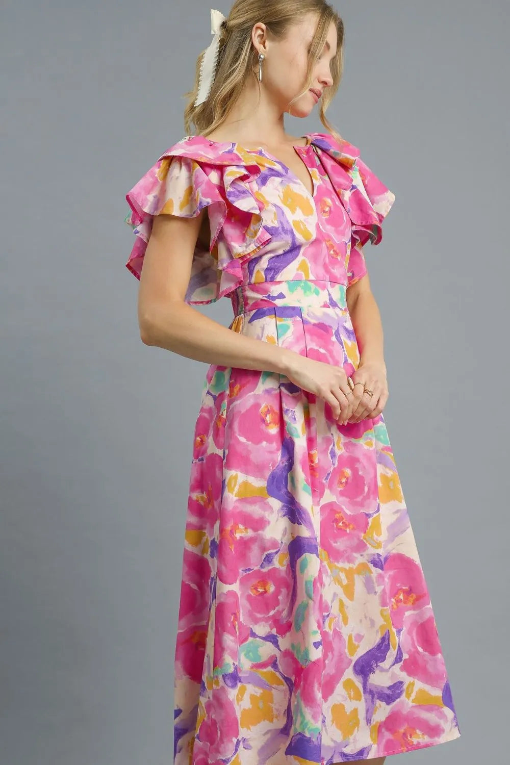 Umgee Floral Ruffled Cap Sleeve Midi Dress - Velora Luxury Fashion