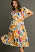 Umgee Full Size Abstract Print Flutter Sleeve Frill Tiered Midi Dress Plus Size - Velora Luxury Fashion