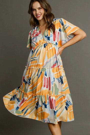Umgee Full Size Abstract Print Flutter Sleeve Frill Tiered Midi Dress Plus Size - Velora Luxury Fashion