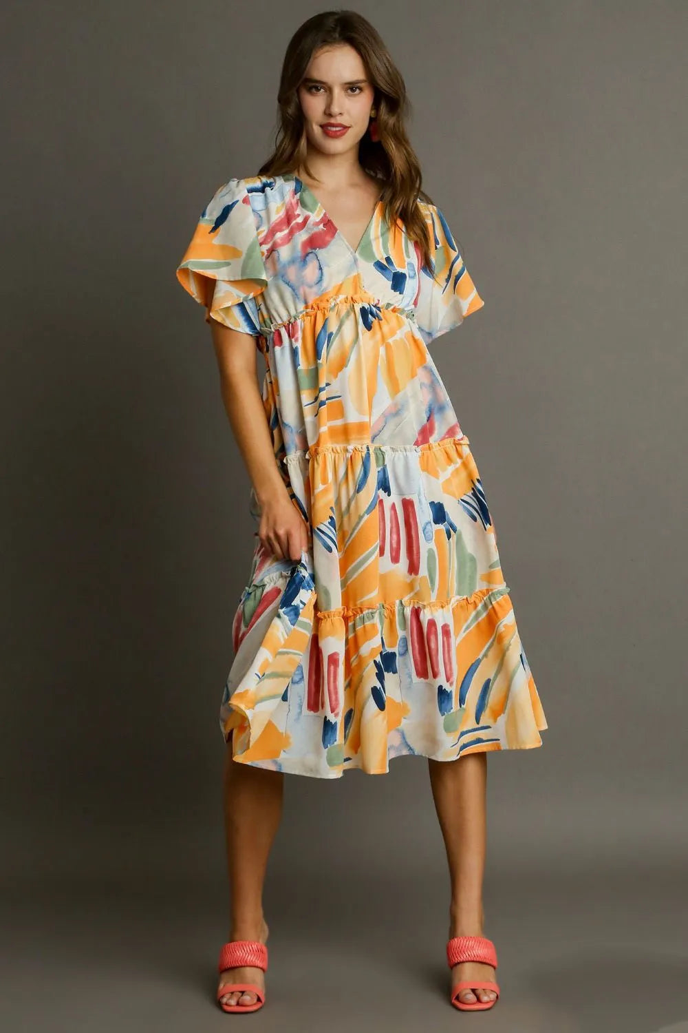 Umgee Full Size Abstract Print Flutter Sleeve Frill Tiered Midi Dress Plus Size - Velora Luxury Fashion