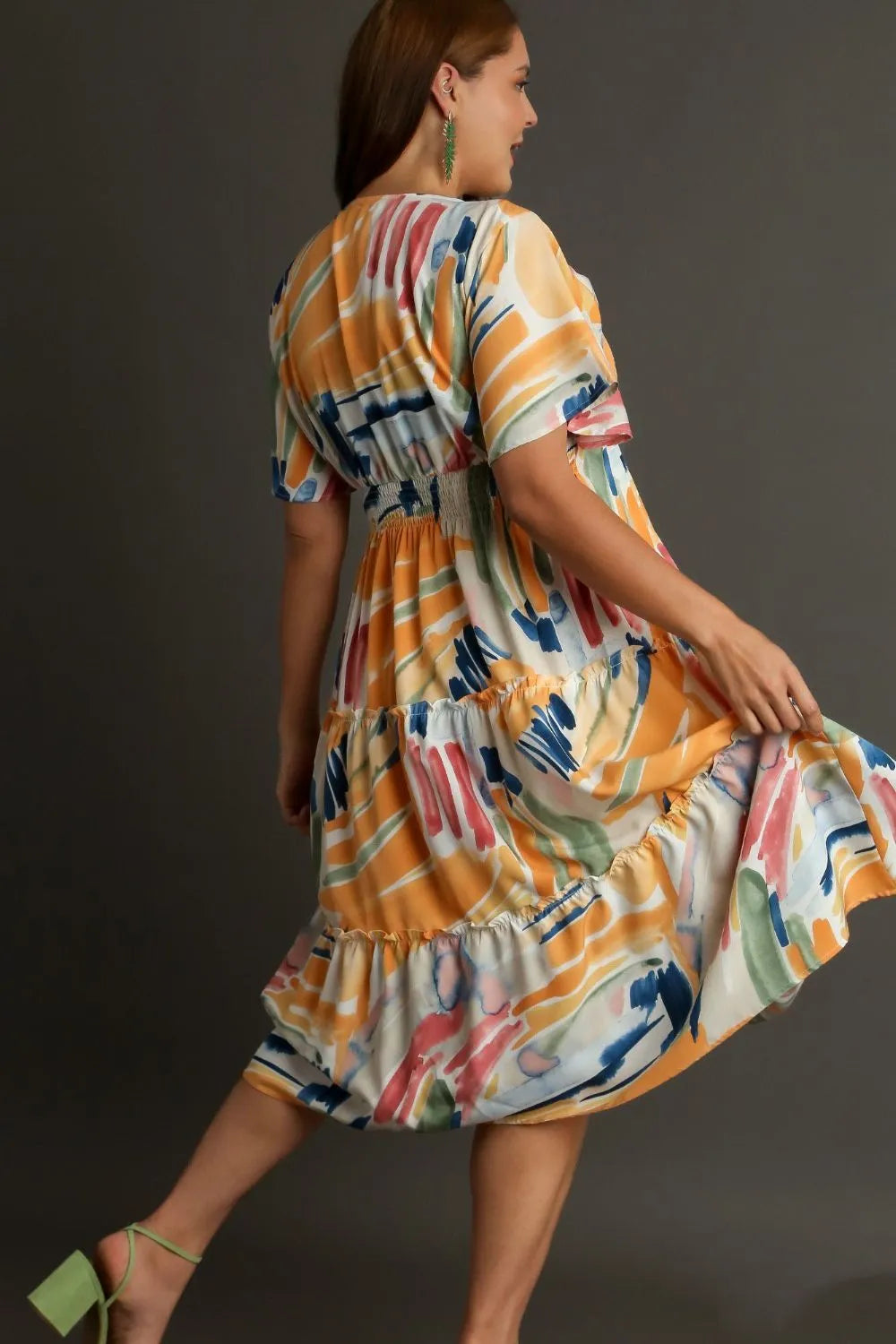 Umgee Full Size Abstract Print Flutter Sleeve Frill Tiered Midi Dress Plus Size - Velora Luxury Fashion