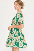 Umgee Full Size Daisy Print Mini Dress with Ribbon Details Plus Size - Velora Luxury Fashion