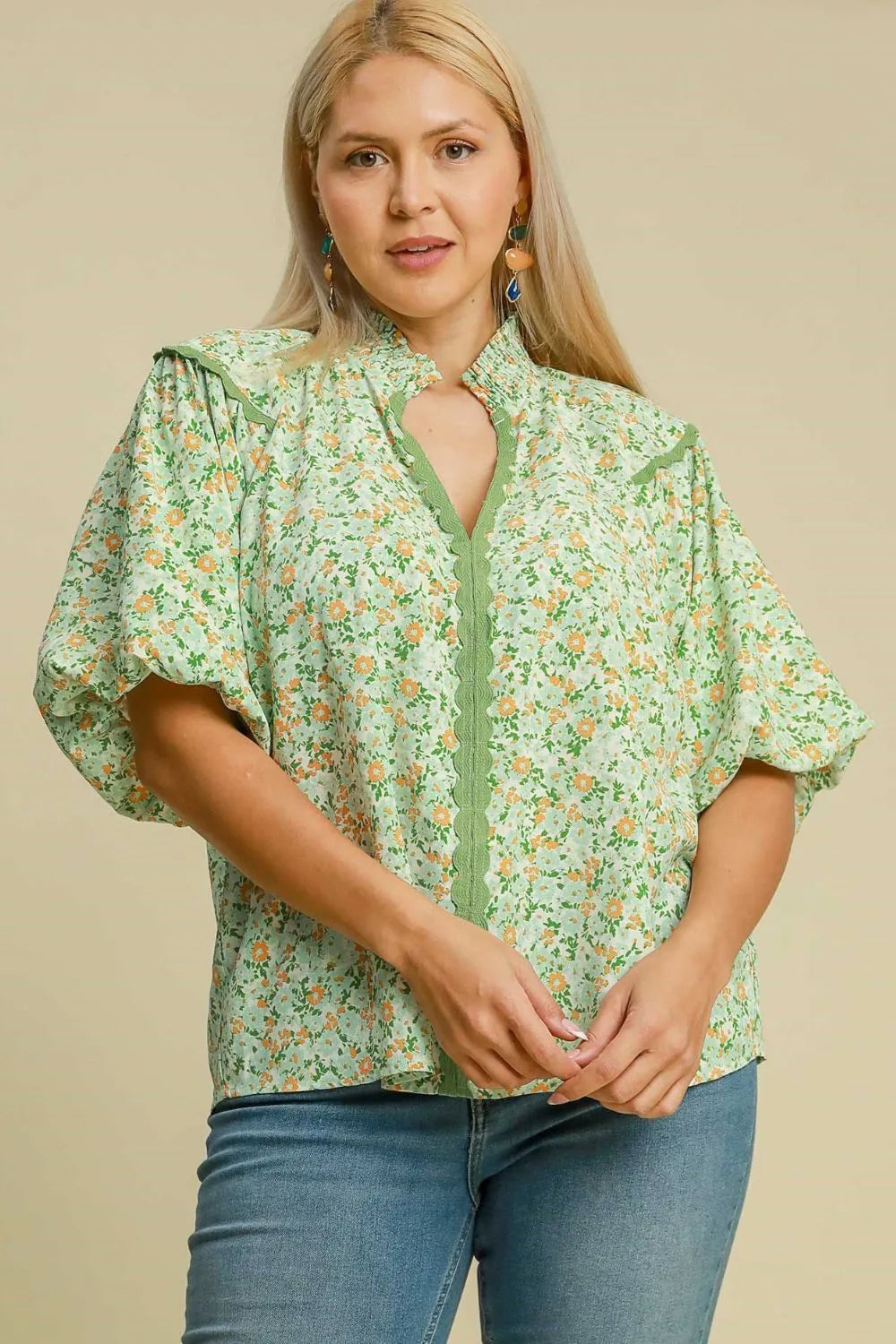 Umgee Full Size Floral Print Puff Sleeve Top Plus Size - Velora Luxury Fashion