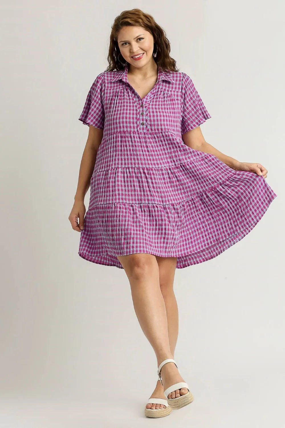 Umgee Full Size Gingham Tiered Button Detail Short Sleeve Dress Plus Size - Velora Luxury Fashion