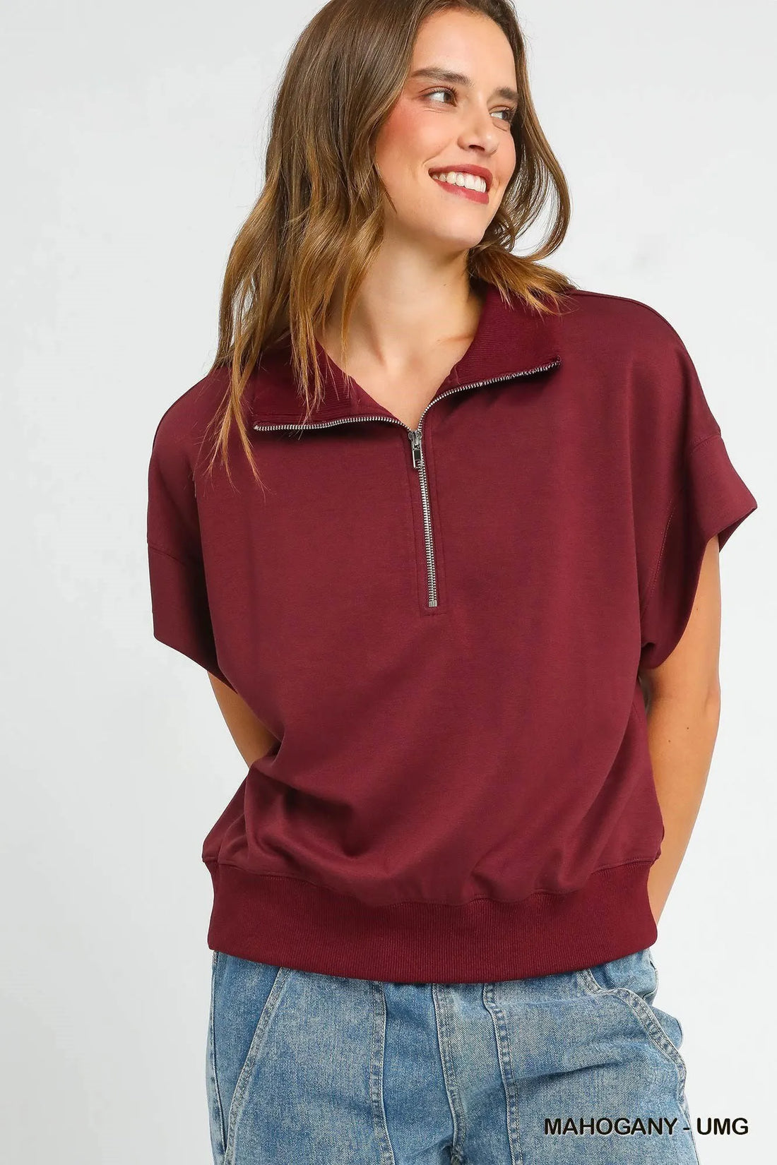 Umgee Full Size Half-Zip Short Sleeve Top Plus Size - Velora Luxury Fashion