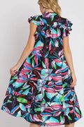 Umgee Full Size Leaf Print Double Layered Ruffle Sleeve Tiered Midi Dress Plus Size - Velora Luxury Fashion