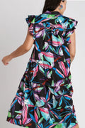 Umgee Full Size Leaf Print Double Layered Ruffle Sleeve Tiered Midi Dress Plus Size - Velora Luxury Fashion