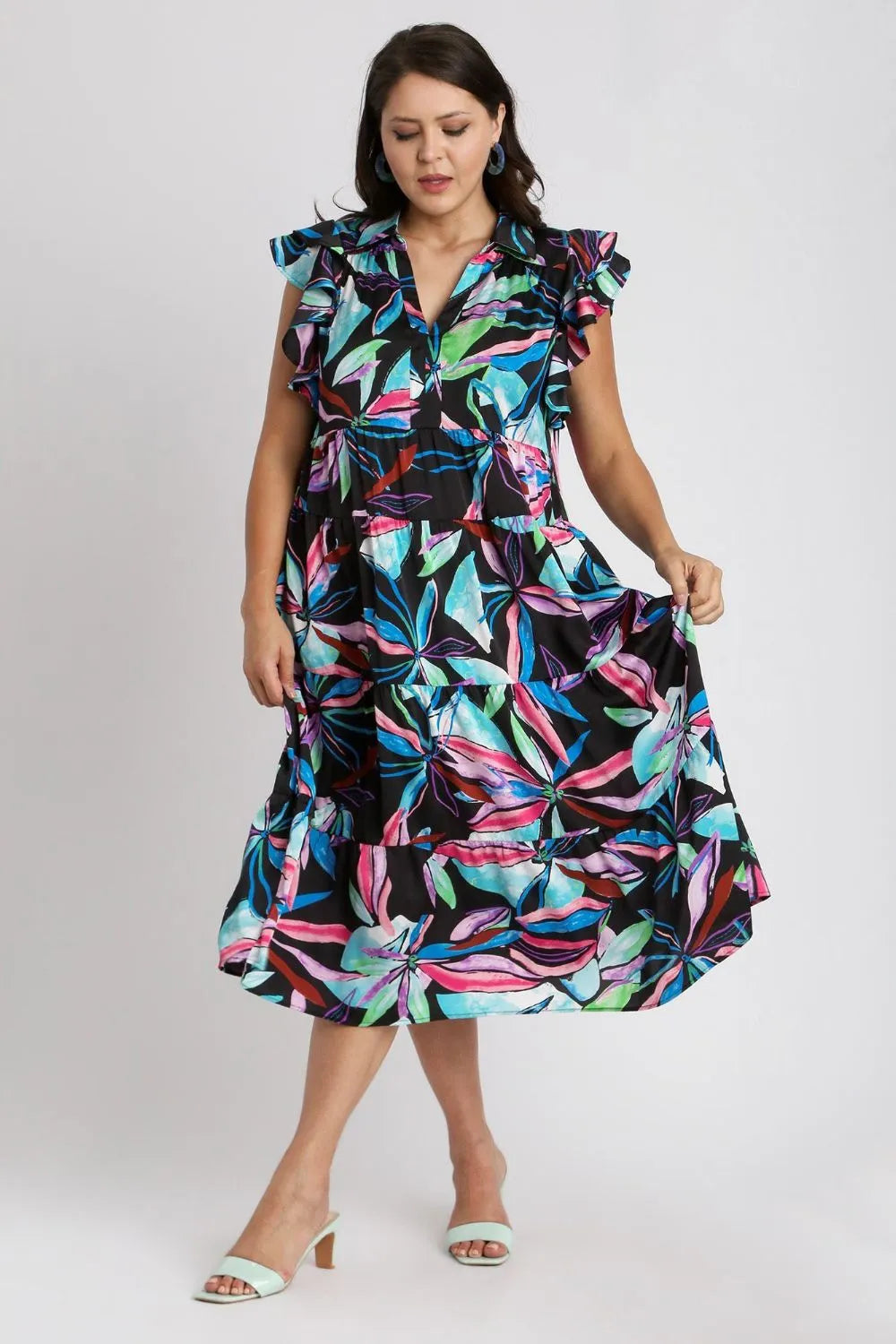 Umgee Full Size Leaf Print Double Layered Ruffle Sleeve Tiered Midi Dress Plus Size - Velora Luxury Fashion