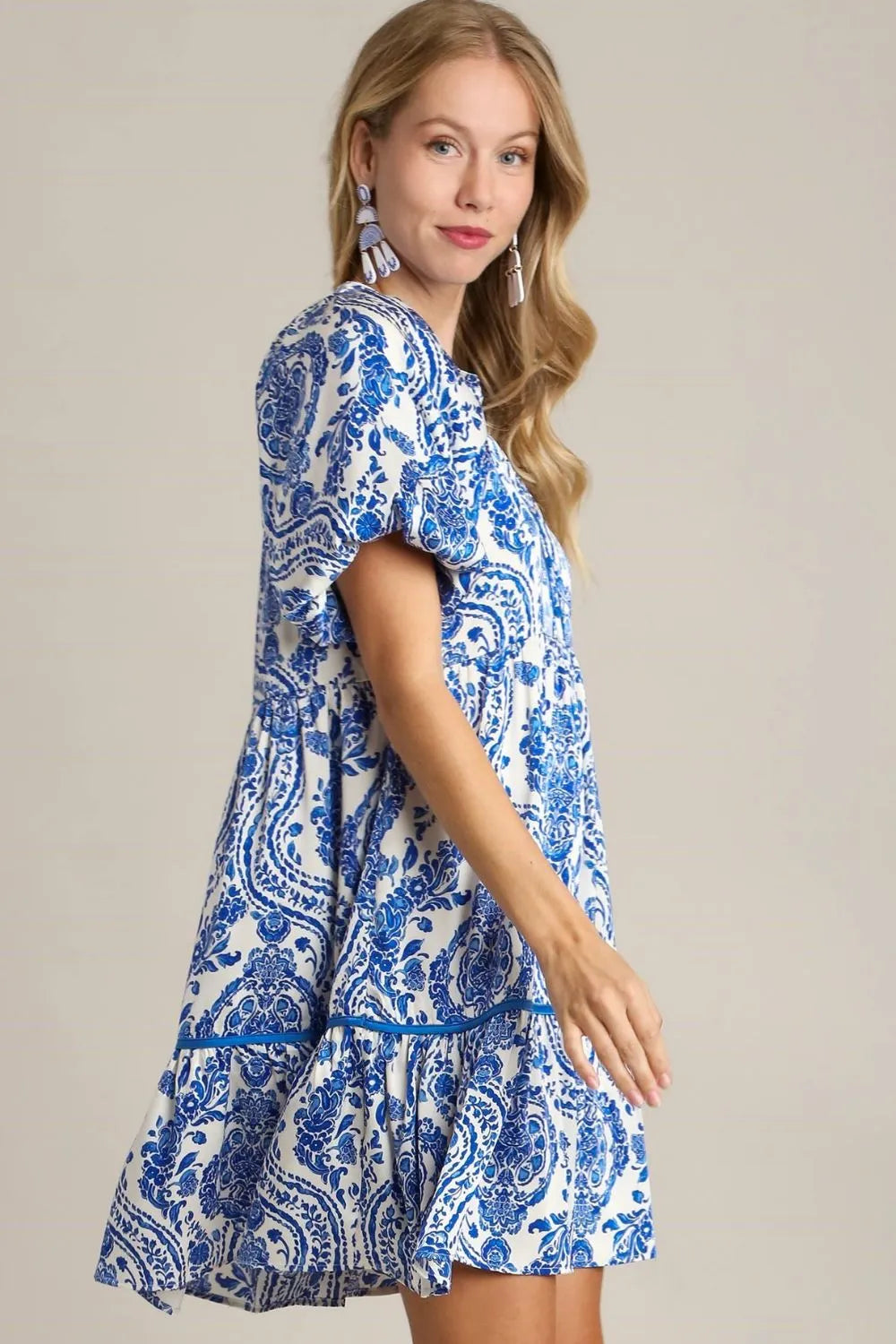 Umgee Full Size Printed Notched Puff Sleeve Mini Dress Plus Size - Velora Luxury Fashion